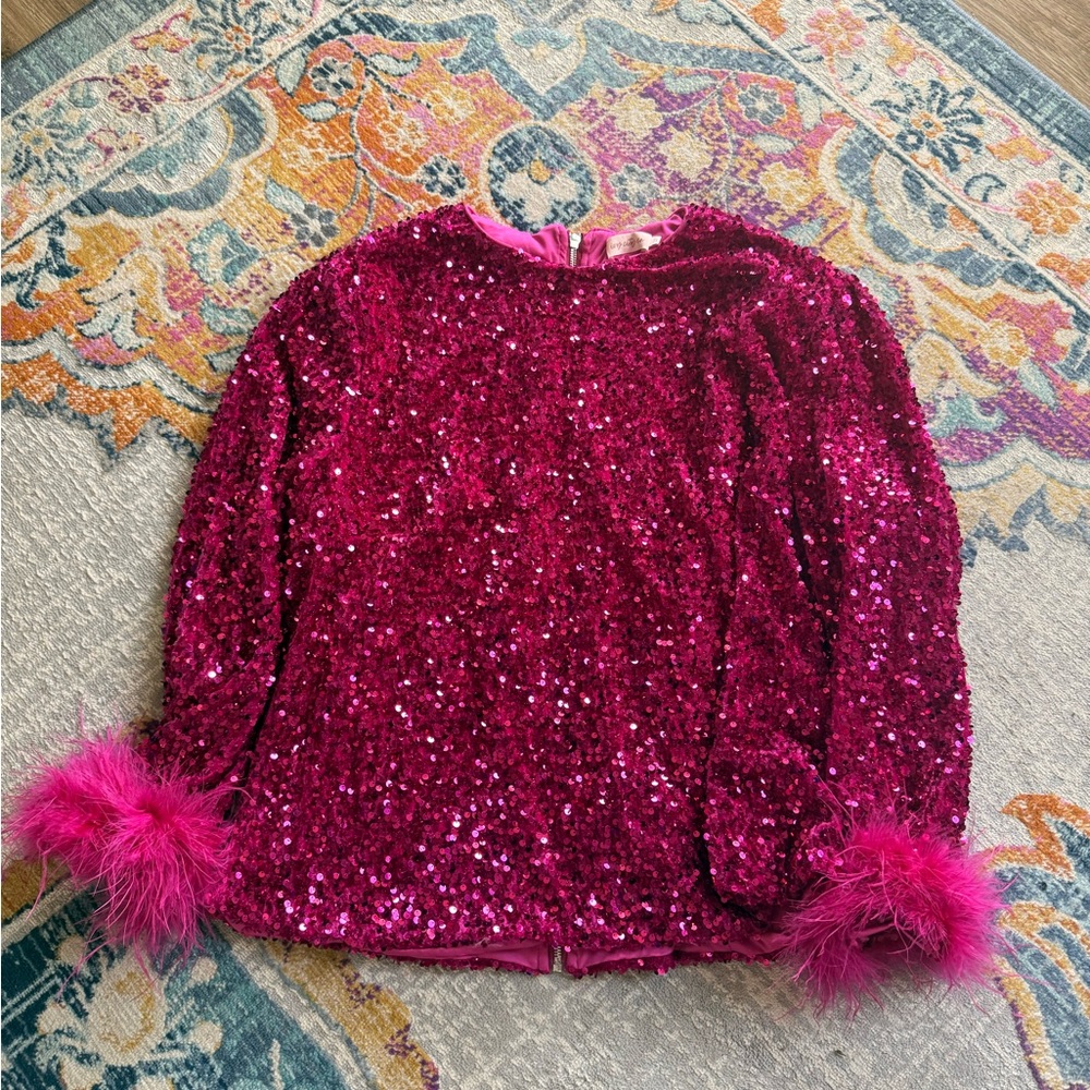 Ivy City Fuchsia Sequin Top with Feather Cuffs